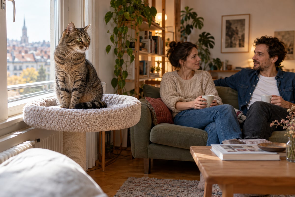KI-generiertes Symbolbild: Eine getigerte Katze sitzt auf einem erhöhten Fensterplatz; im Hintergrund sitzt ein Paar auf dem Sofa.